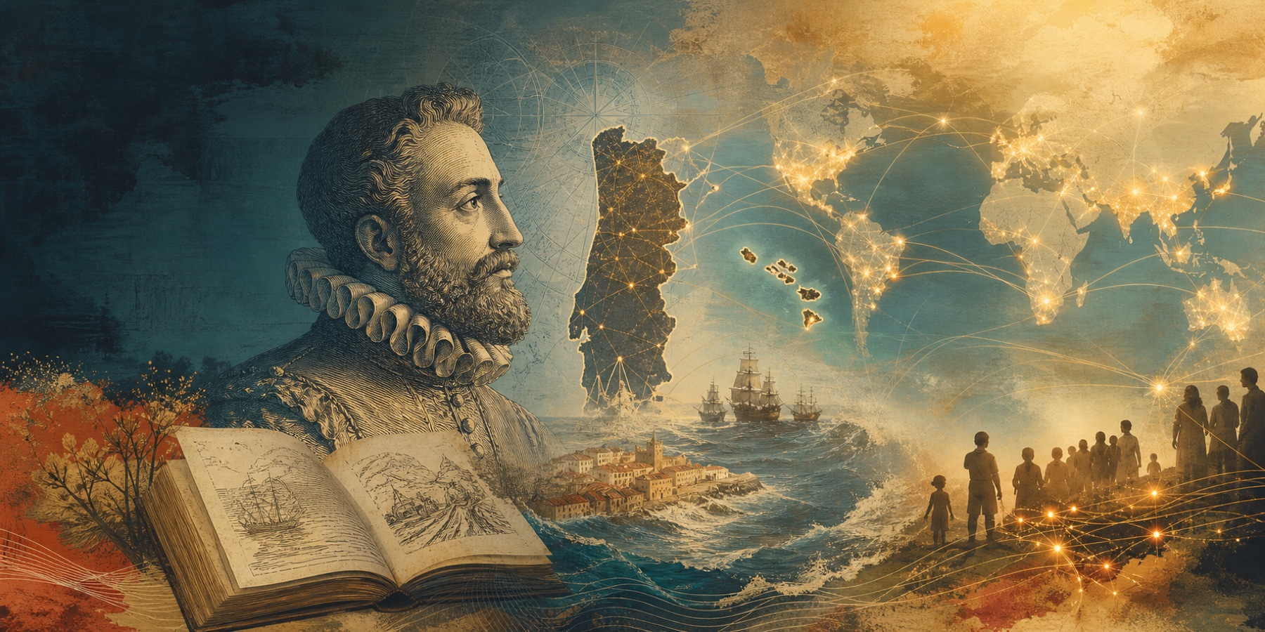 Ilustração editorial que reúne Camões, um livro aberto, Portugal, ilhas atlânticas e rotas luminosas ligando comunidades pelo mundo