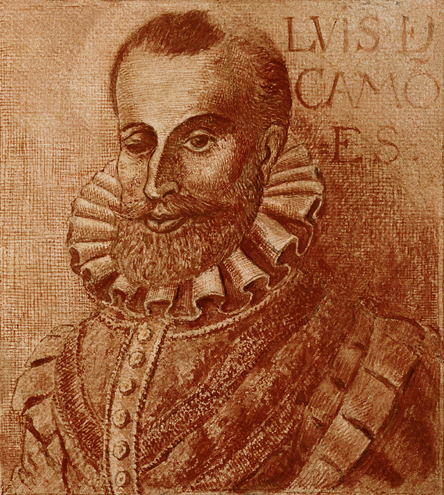 Retrato de Luís de Camões, representado com barba, gola franzida e o olho direito fechado
