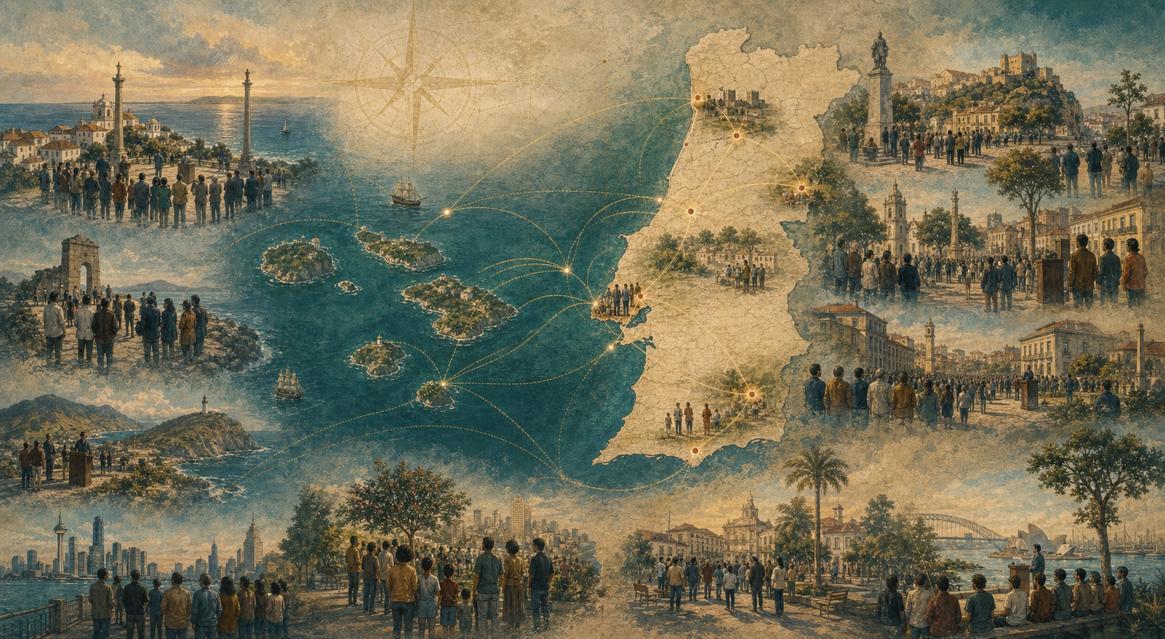 Ilustração cartográfica das cidades, ilhas e comunidades ligadas pelas comemorações do 10 de Junho