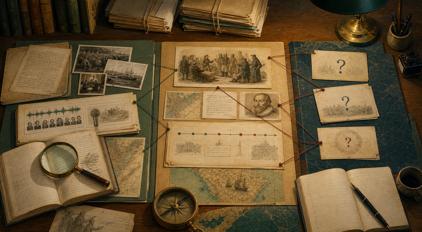 Ilustração de uma mesa de investigação com documentos, imagens, mapas e perguntas abertas