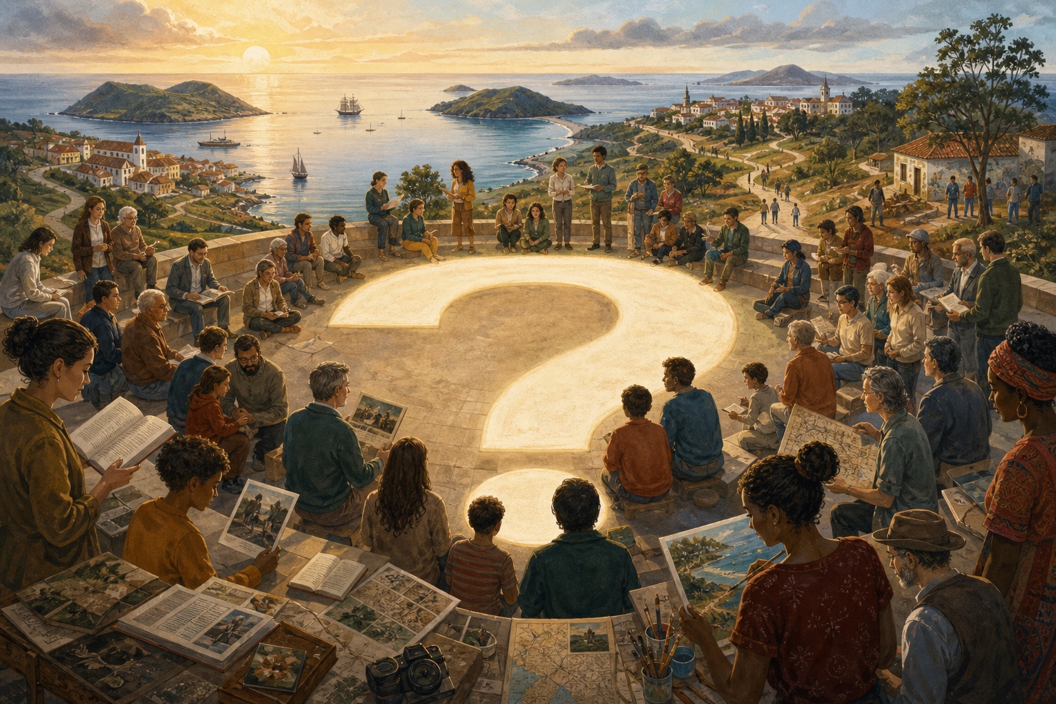 Ilustração de pessoas reunidas em círculo à volta de uma grande pergunta luminosa junto ao Atlântico