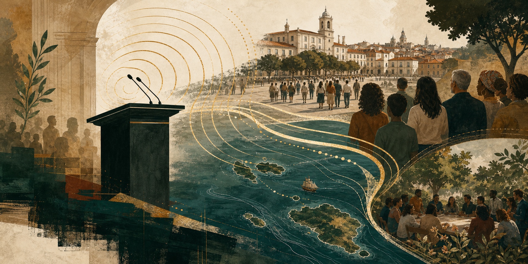 Ilustração editorial sobre voz presidencial e território